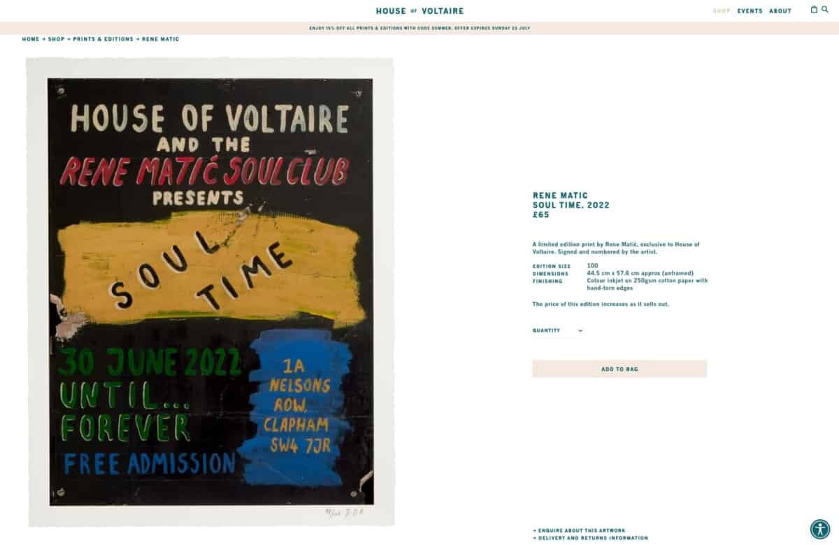 Screenshot of the House of Voltaire Shopify site showing a product