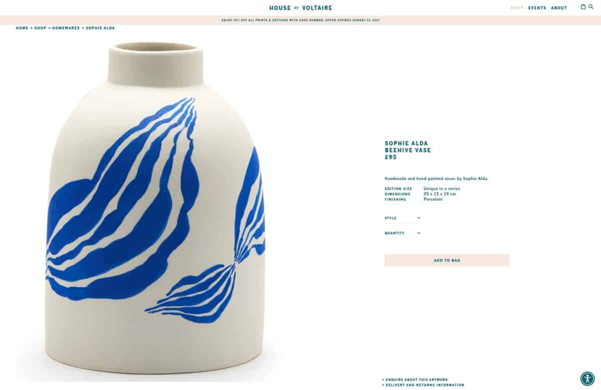 Screenshot of the House of Voltaire Shopify site showing a product