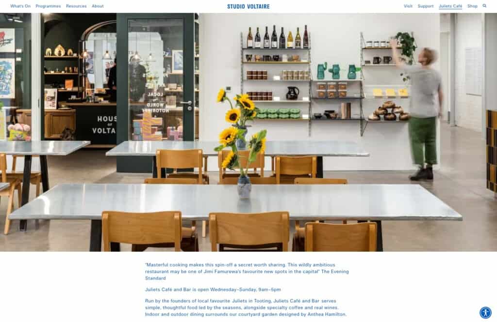 Screenshot of the Studio Voltaire WordPress site showing the cafe