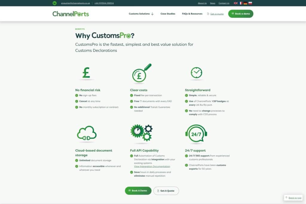 ChannelPorts WordPress website showing product benefits and USPs