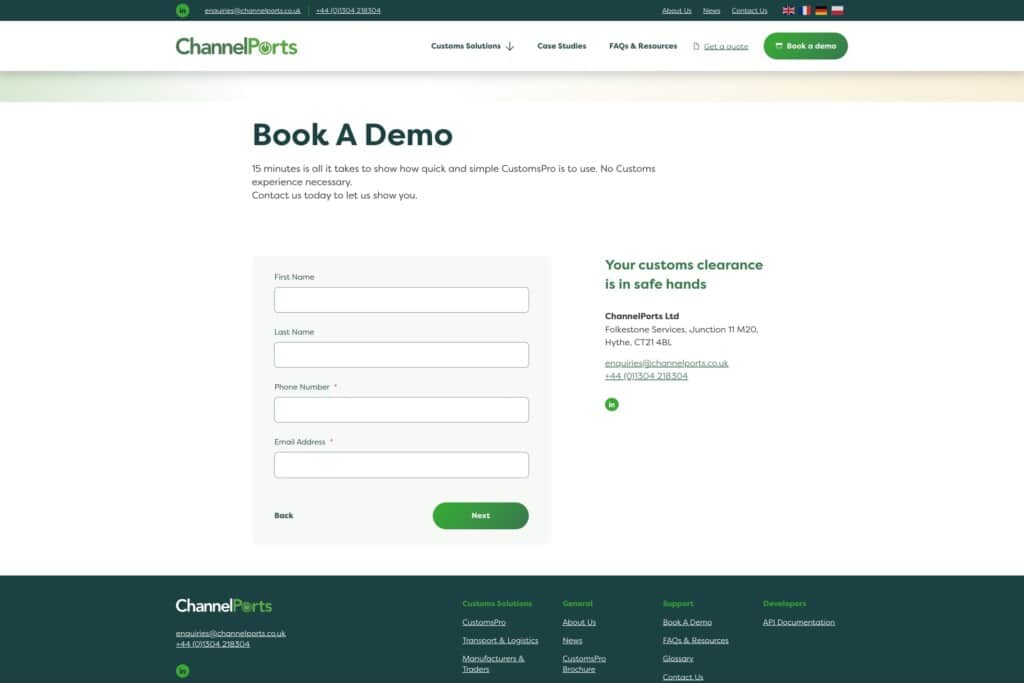 ChannelPorts WordPress website showing demo booking page