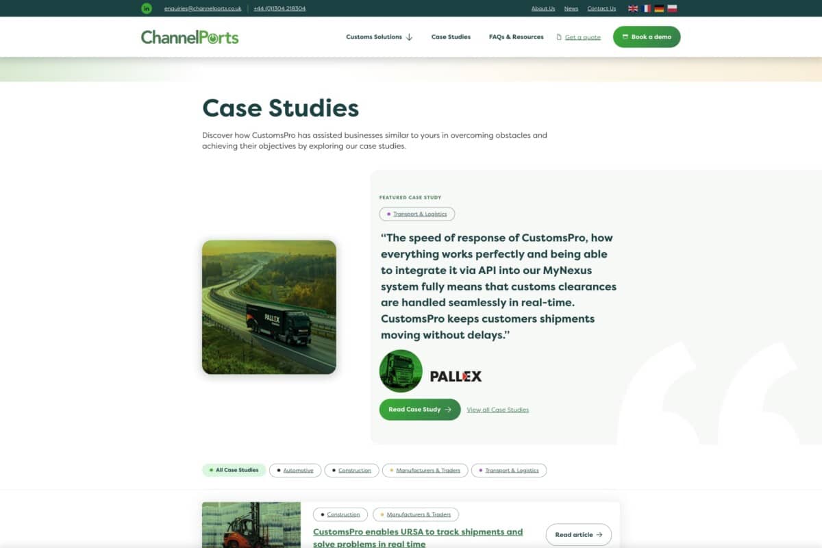 ChannelPorts WordPress website showing case studies