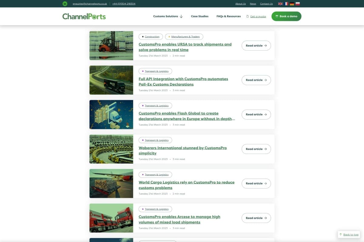 ChannelPorts WordPress website showing list of case studies