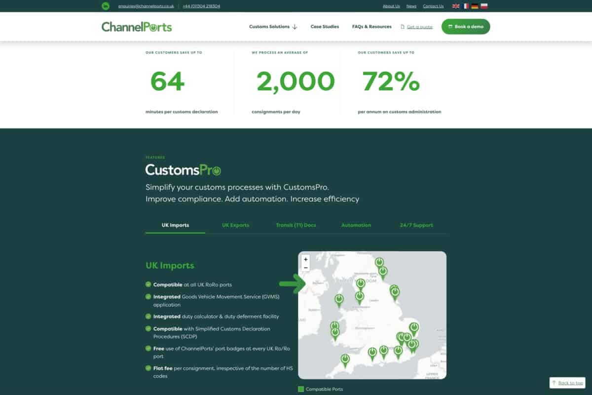 ChannelPorts WordPress website showing interactive map and stats