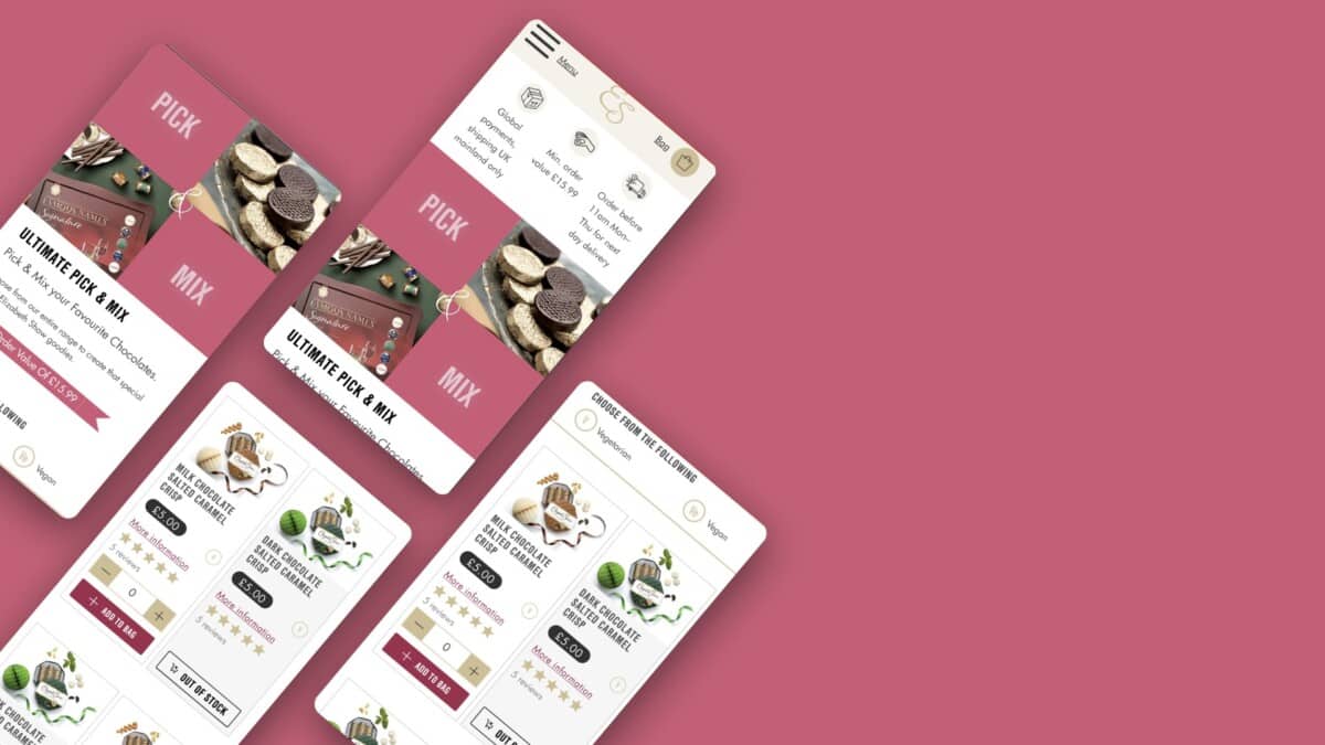 Screenshots of new UX and UI design for Elizabeth Shaw WooCommerce store