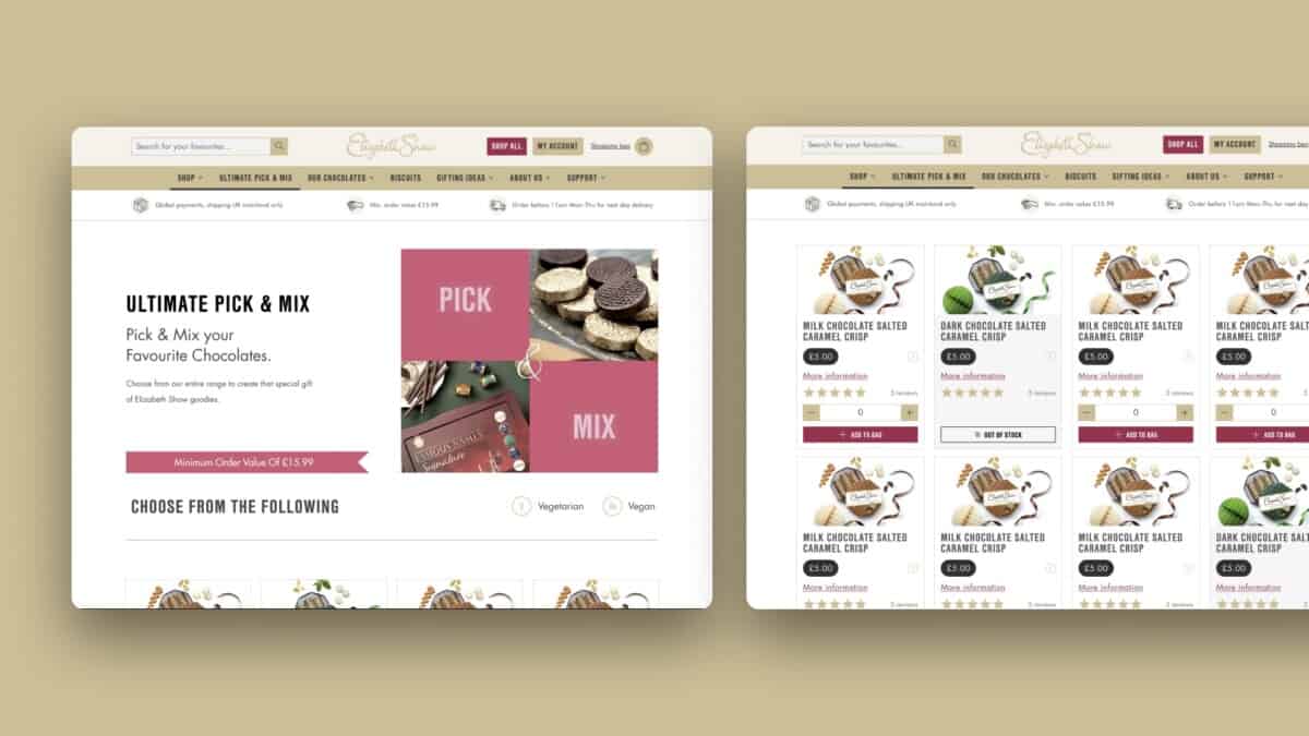 Screenshots of new UX and UI design for Elizabeth Shaw WooCommerce store