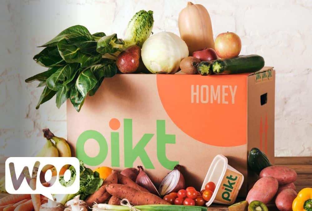 Image of fruit and veg delivery box with Pikt logo and WooCommerce logo