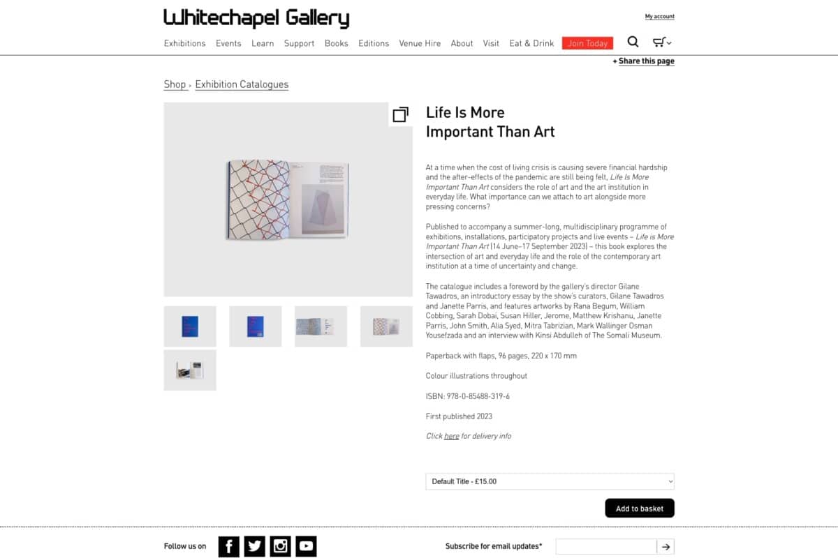 Screenshot from Whitechapel Gallery's Shopify store that integrates with WordPress