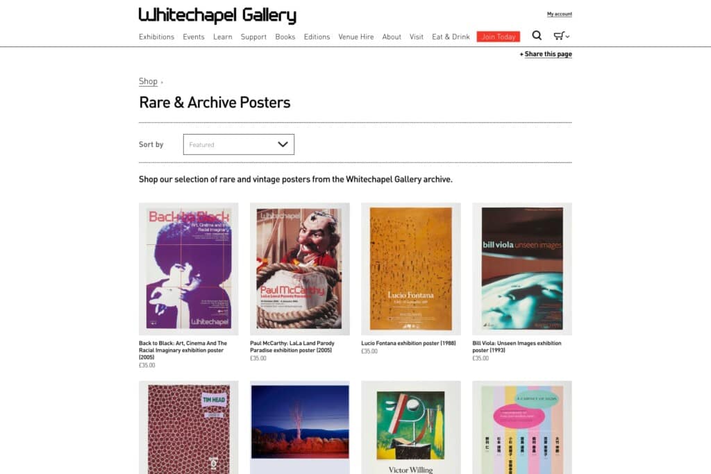 Screenshot of Whitechapel Gallery's Shopify store showing rare archive posters for sale