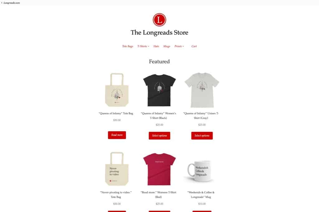 Screenshot of Longread's eCommerce store