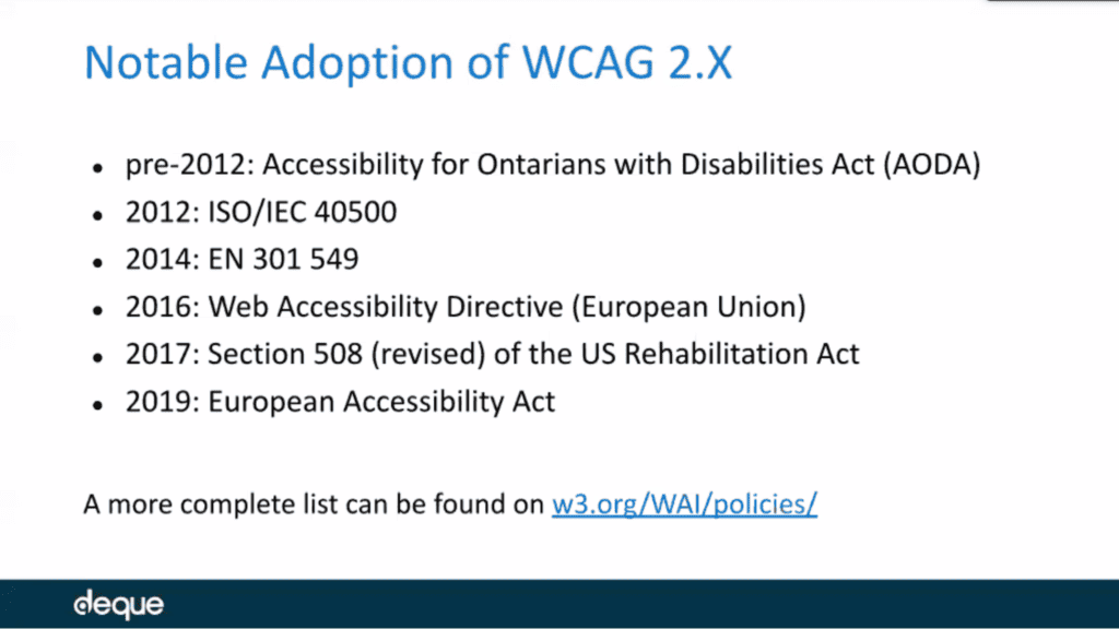 Screenshot from Deque wbinar with list of notable adoption of WCAG 2.X