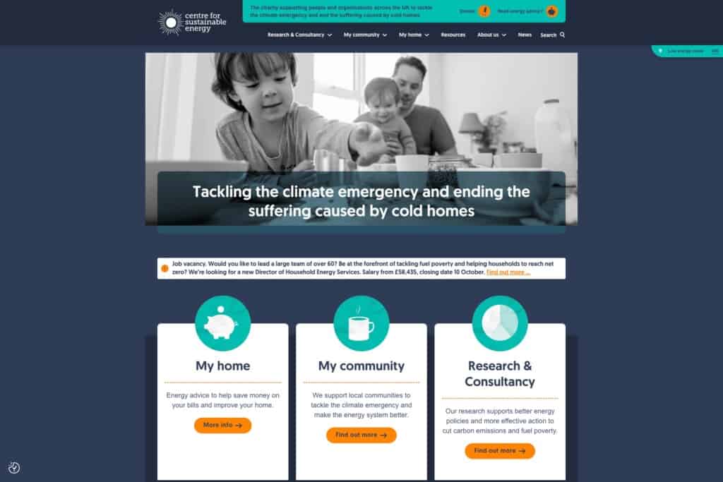 Screenshot of the Centre for Sustainable Energy website in low power mode