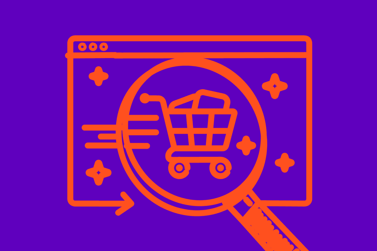 Illustration depicting eCommerce website with magnifying glass hovering over shopping cart to emphasis importance of SEO for eCommerce