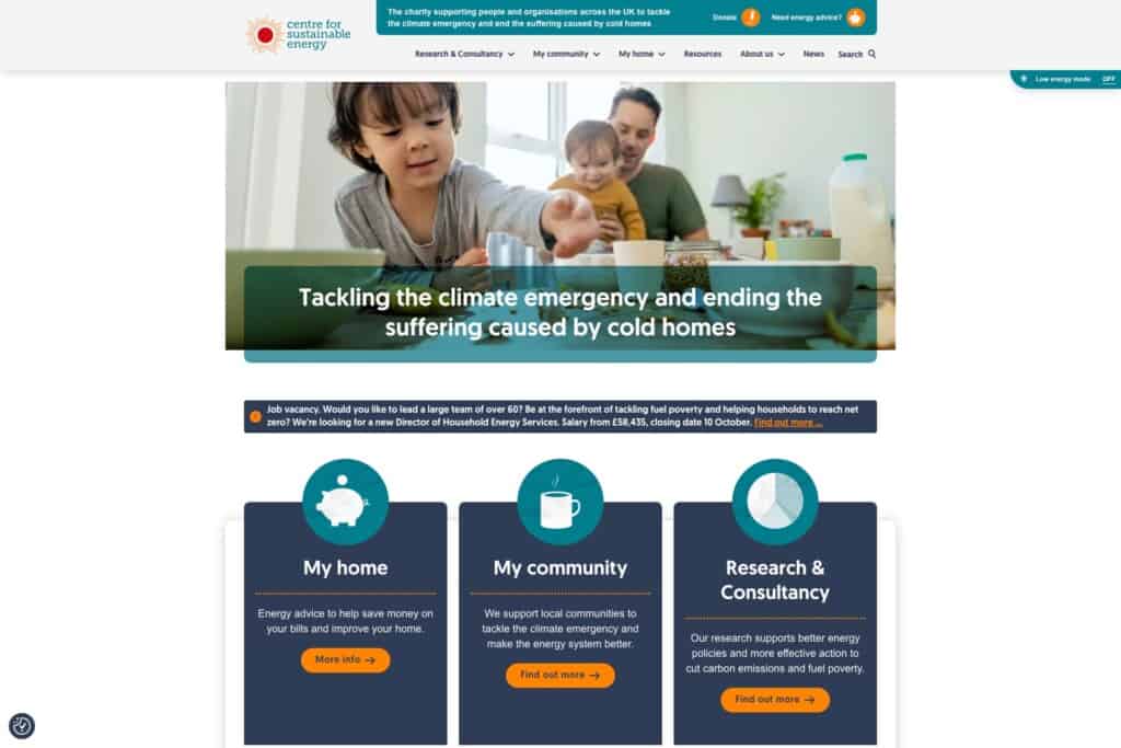 Screenshot of the CSE WordPress site showing energy advice pages
