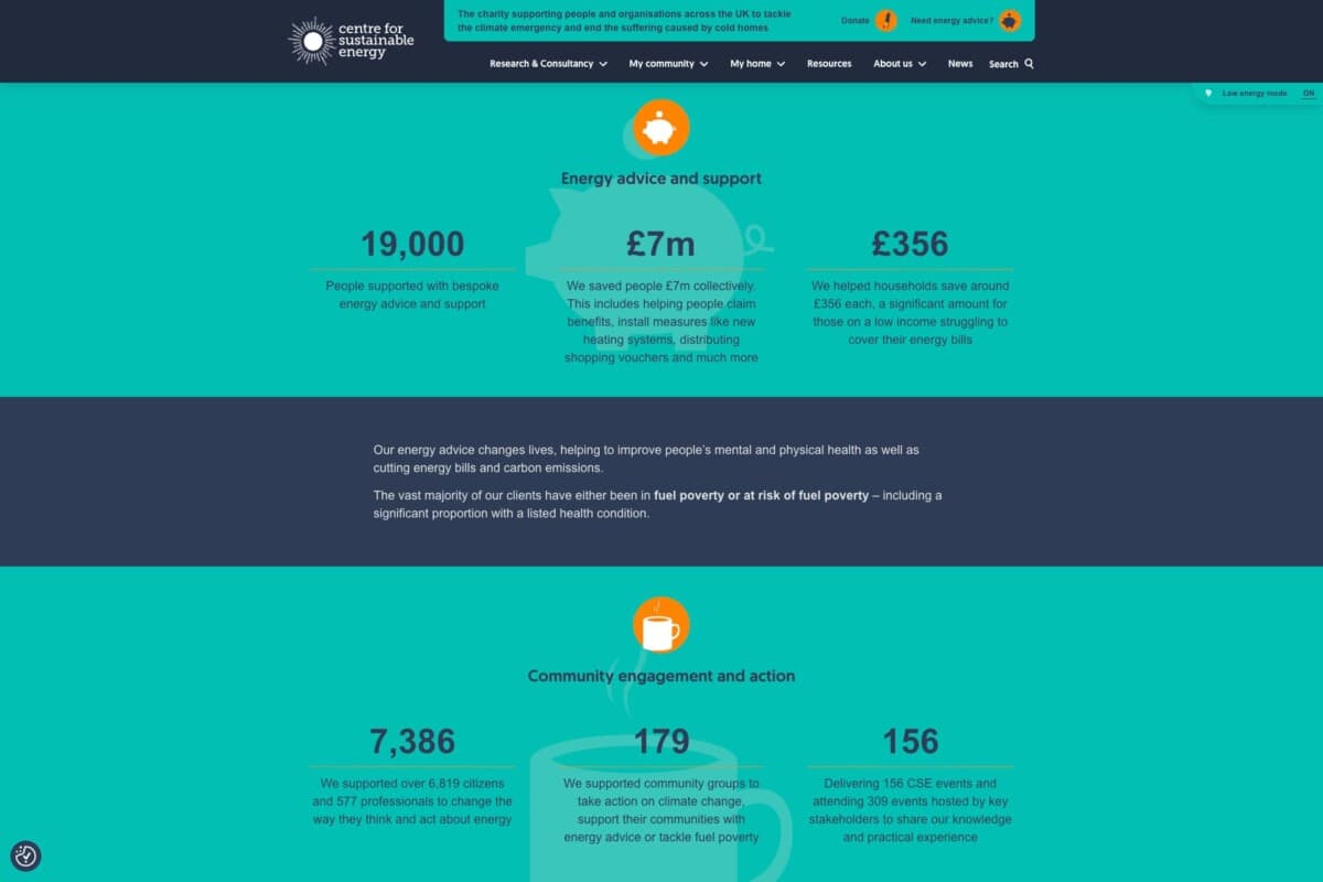 Screenshot of the CSE WordPress site in low power mode showing charitable impact