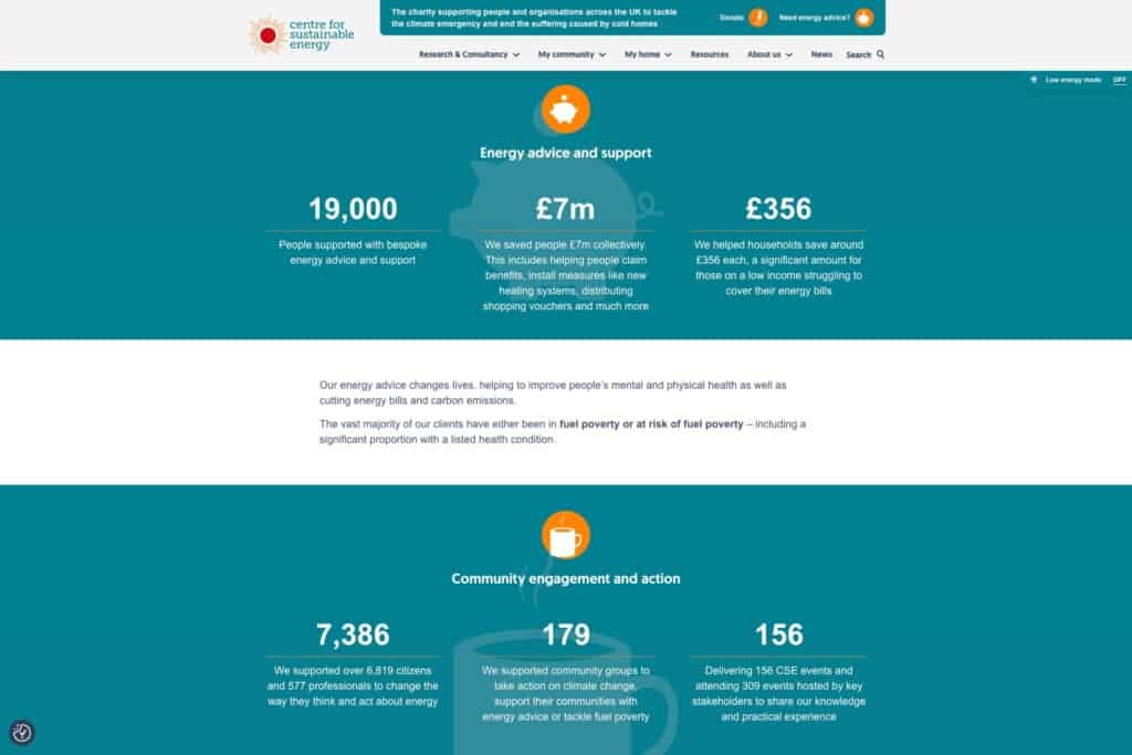 Screenshot of the CSE WordPress site showing charitable impact