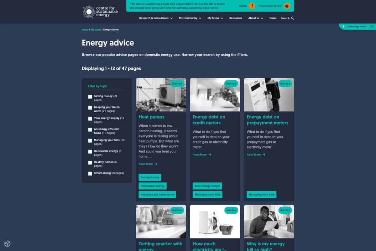 Screenshot of the CSE WordPress site in low power mode showing energy advice pages