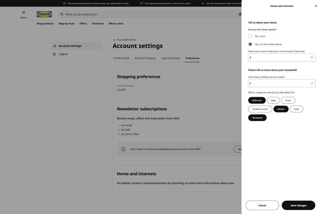Data personalisation through Ikea account preferences