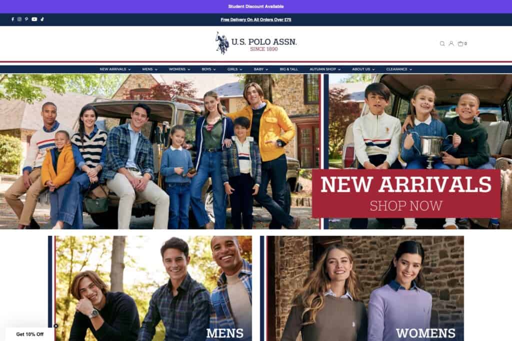 Screenshot of US Polo Assn website homepage depicting adults and children wearing the brand's clothing