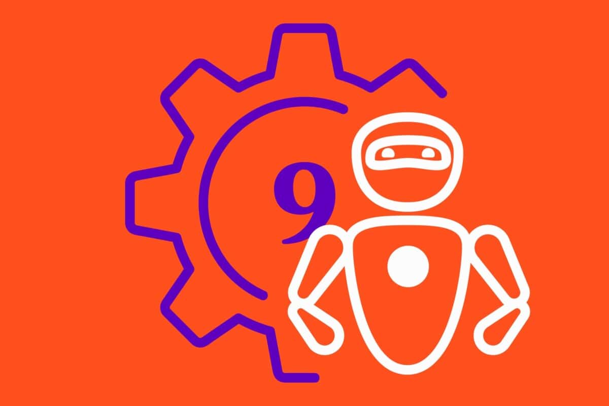 Illustration of a robot and a cog with the number 9, to accompany a blog post with 9 things a Head of Ecommerce should automate