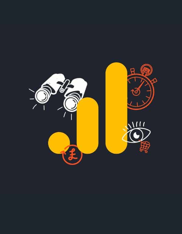 Illustration of chart with other icons around it to accompany a guide on using GA4 to expose weaknesses in the eCommerce checkout flow