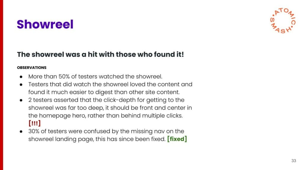 User testing analysis extract showing feedback showing slide deck with slide about showreel