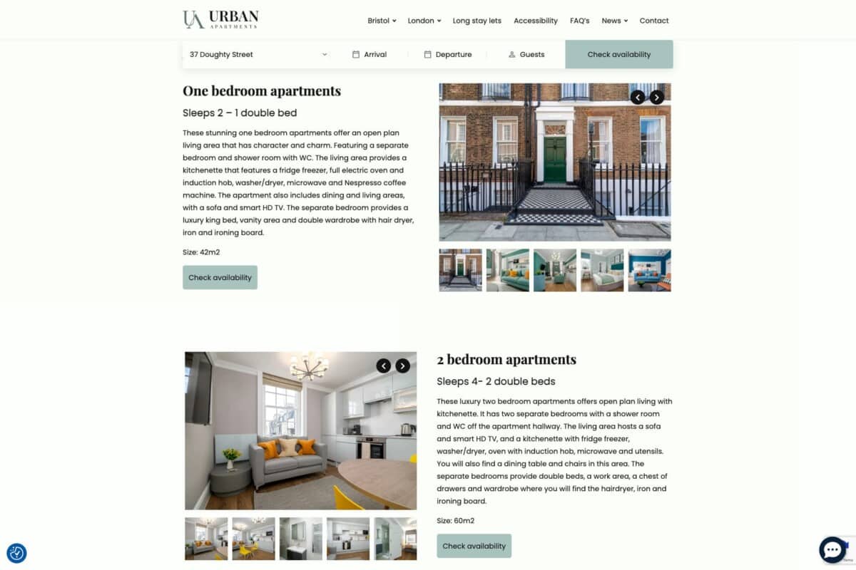 Urban Apartments WordPress website showing accommodation options