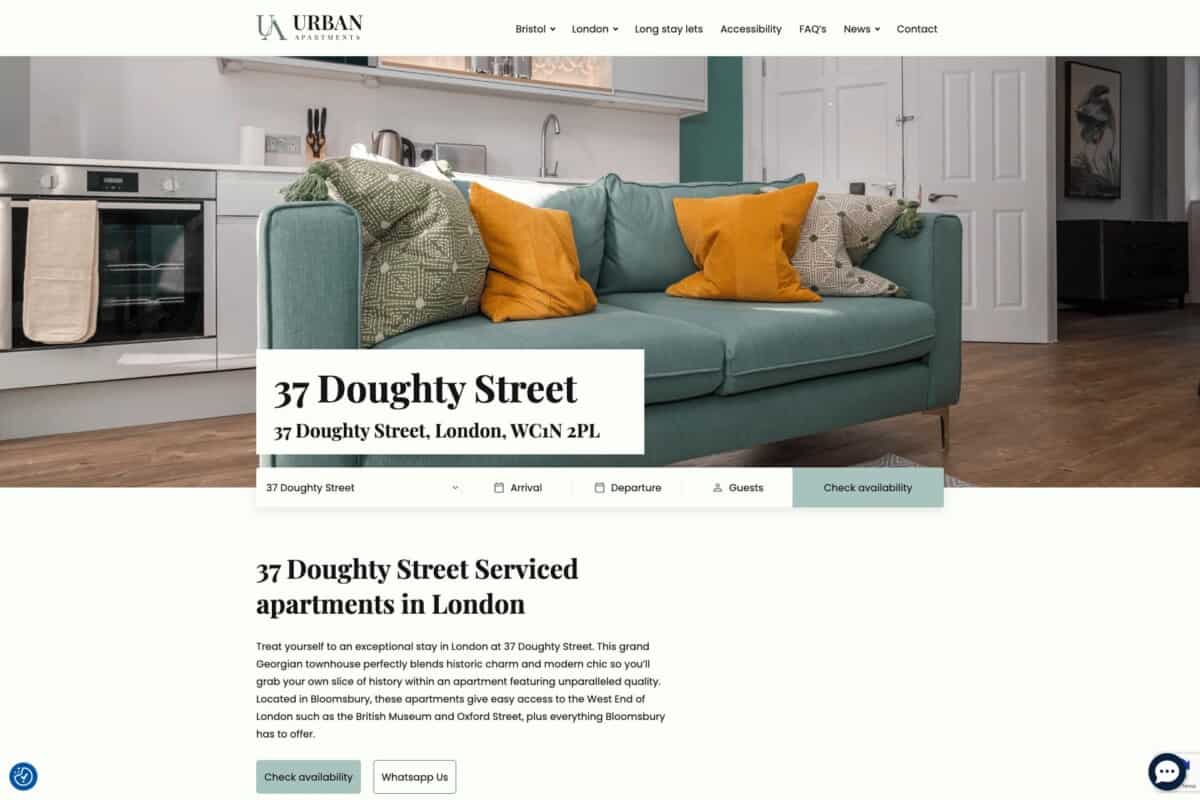 Urban Apartments WordPress website showing accommodation options