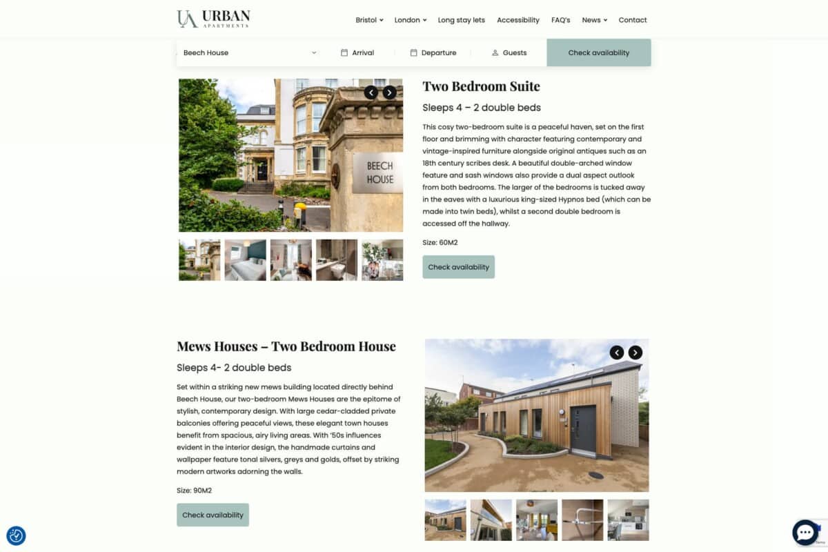 Urban Apartments WordPress website showing accommodation options