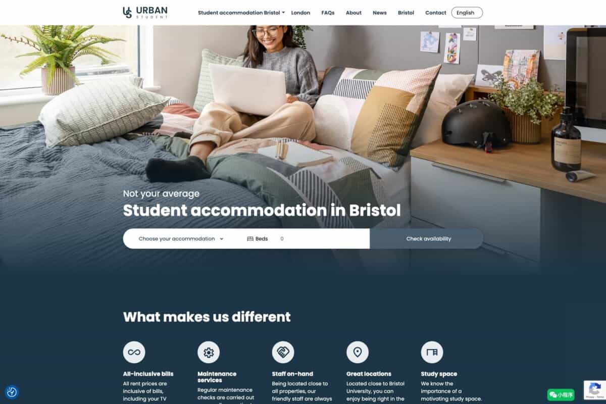 Urban Student WordPress website showing search for student accommodation