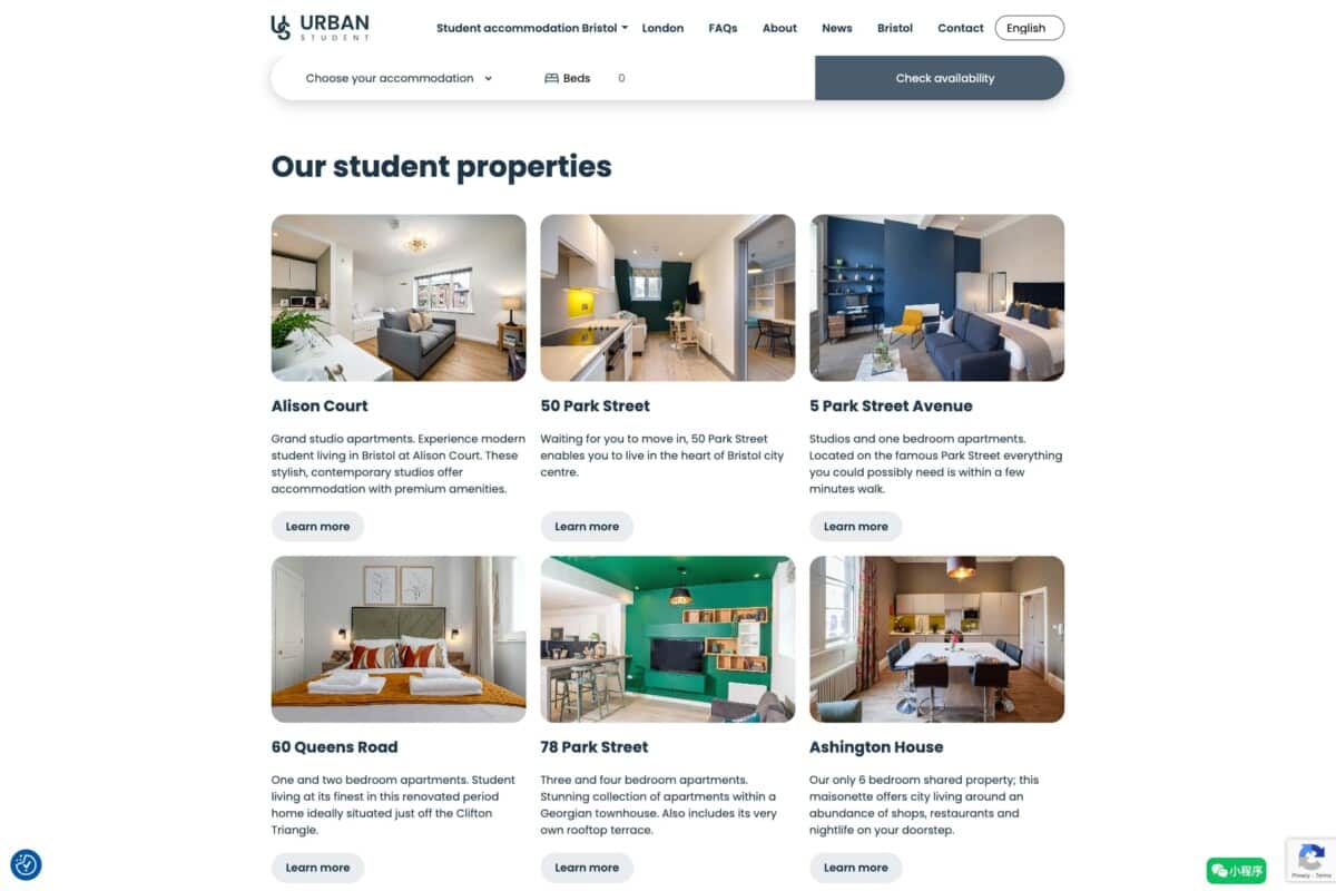 Urban Student WordPress website showing accommodation