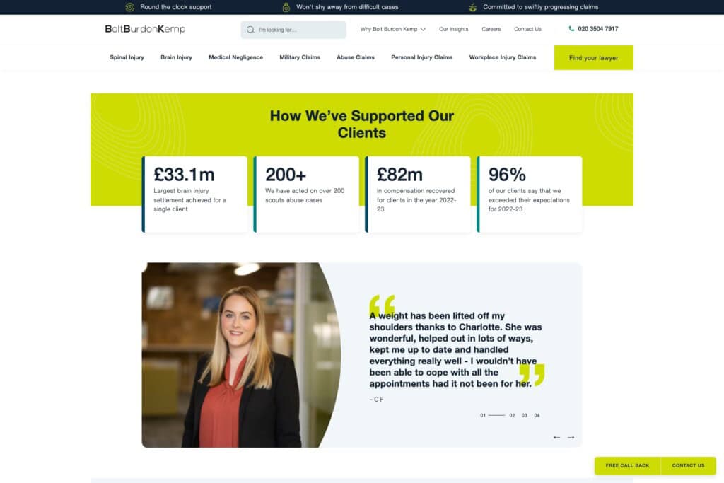 Bolt burdon Kemp WordPress site showing homepage with testimonial and statistics