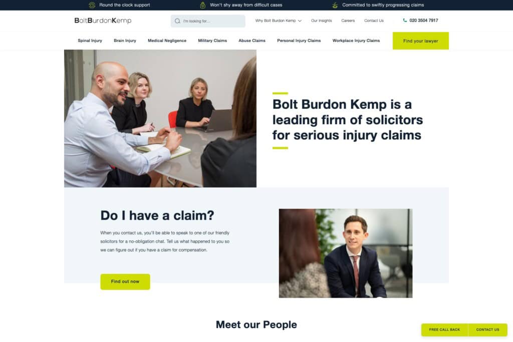 Bolt Burdon Kemp WordPress site showing homepage 