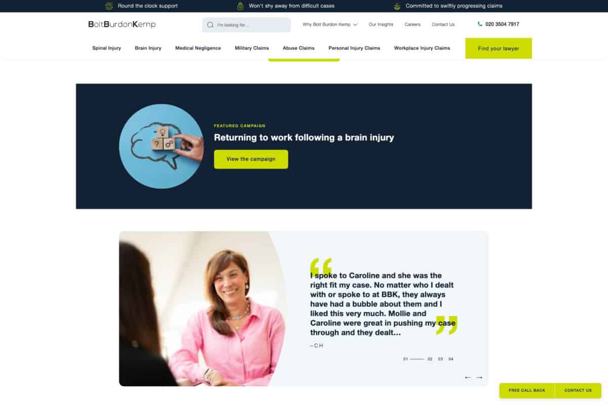 Bolt burdon Kemp WordPress site showing Brain Injury page