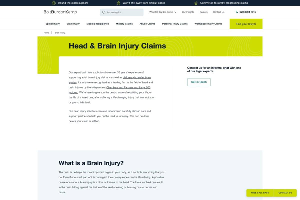 Bolt burdon Kemp WordPress site showing Brain Injury page