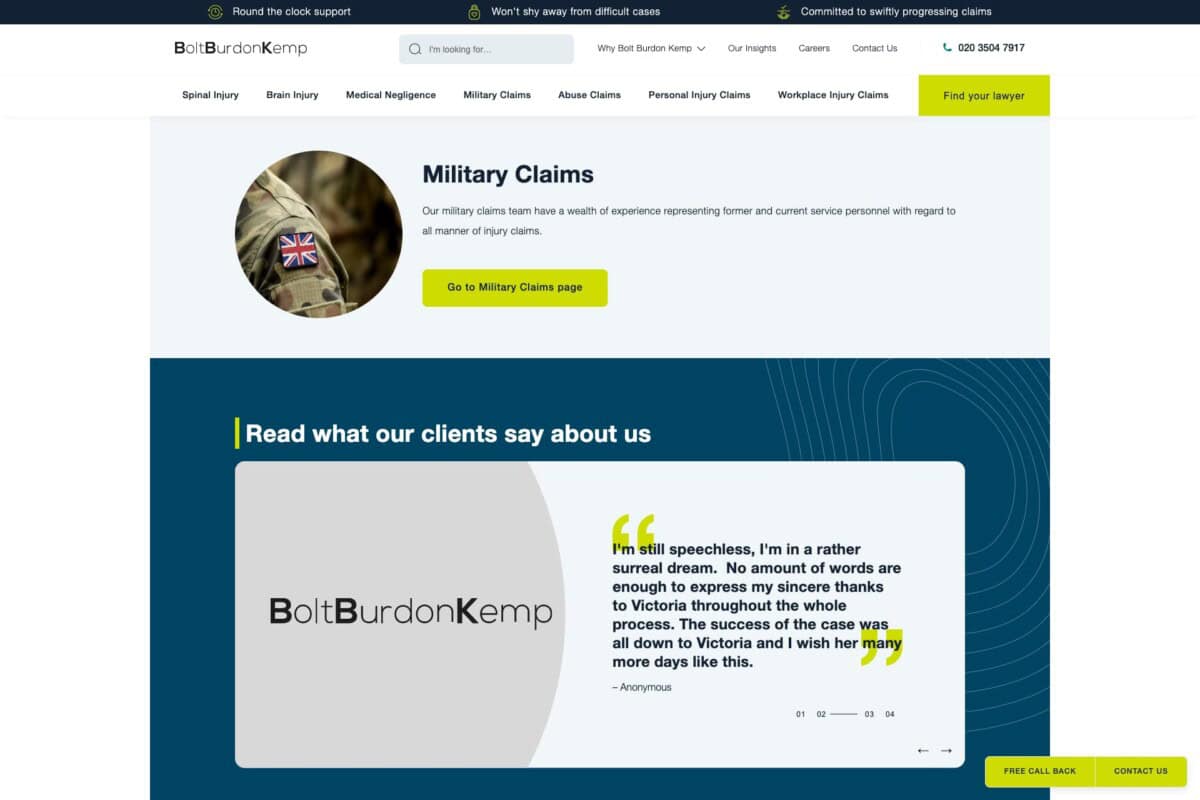 Bolt burdon Kemp WordPress site showing Veterans' Resettlement Hub