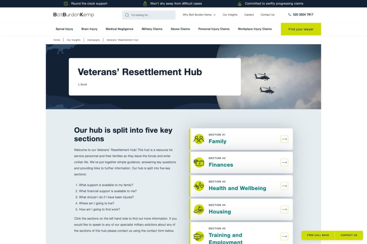 Bolt burdon Kemp WordPress site showing Veterans' Resettlement Hub