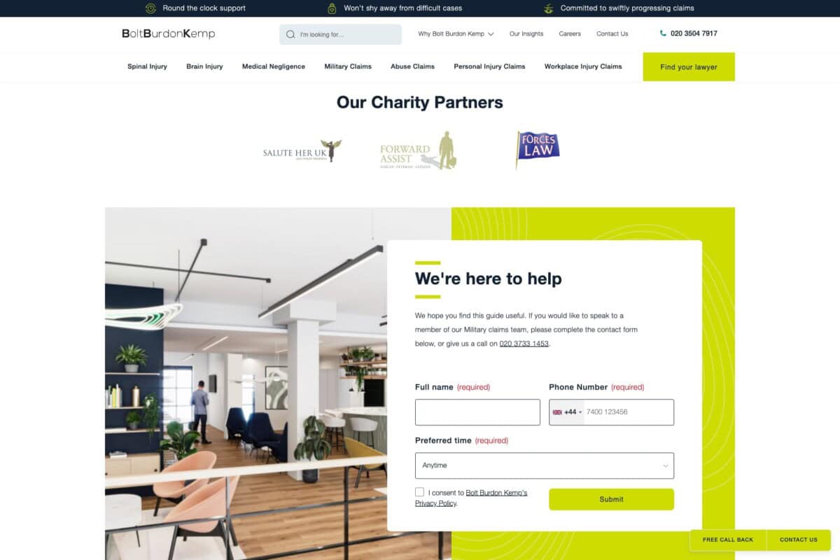 Bolt burdon Kemp WordPress site showing Veterans' Resettlement Hub