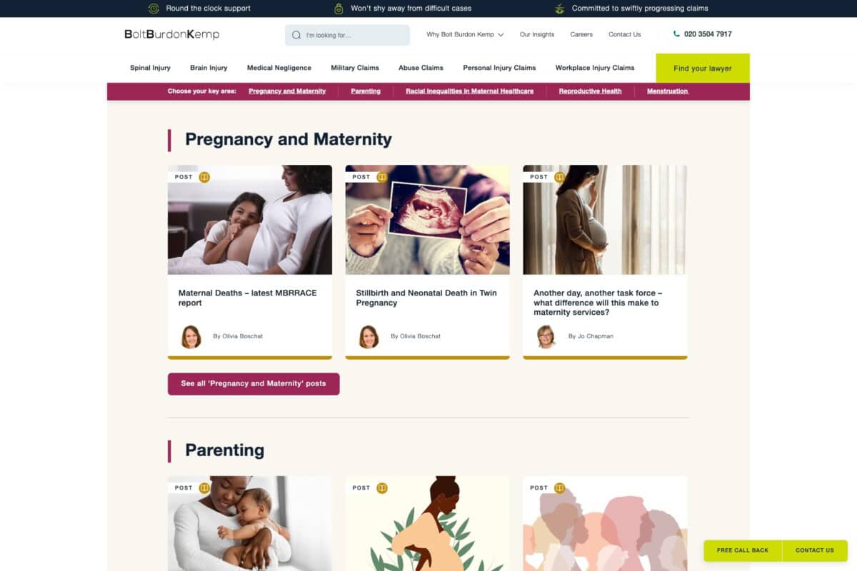 Bolt burdon Kemp WordPress site showing Women's Health Hub