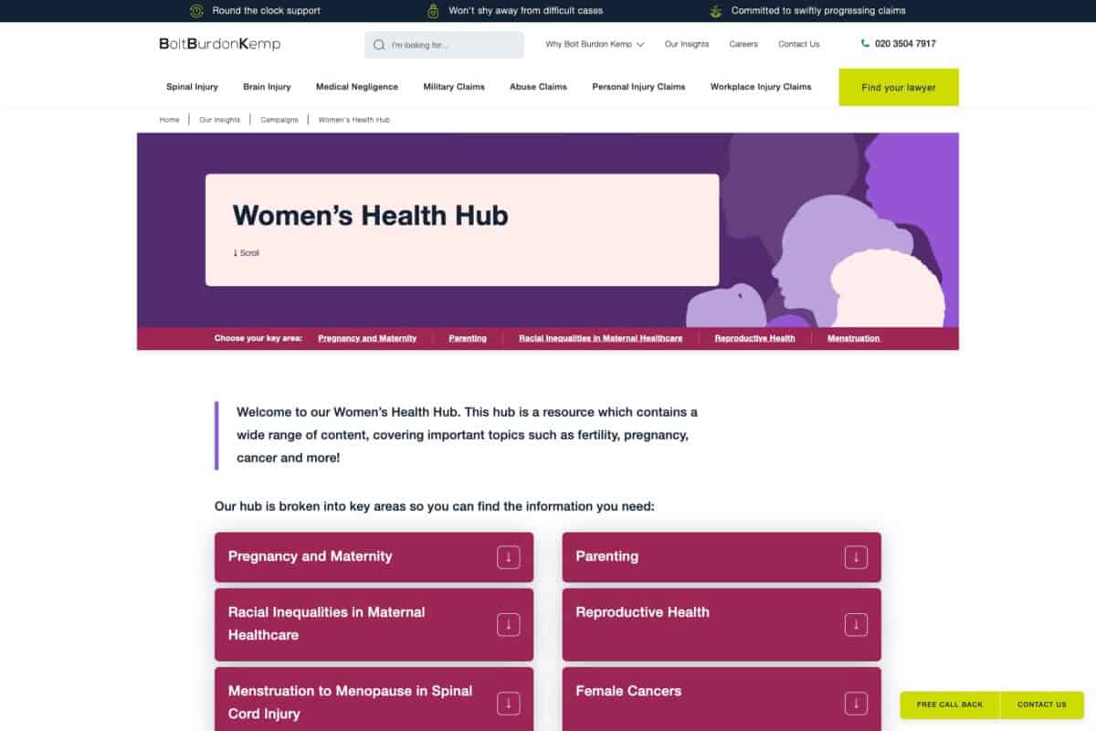 Bolt burdon Kemp WordPress site showing Women's Health Hub