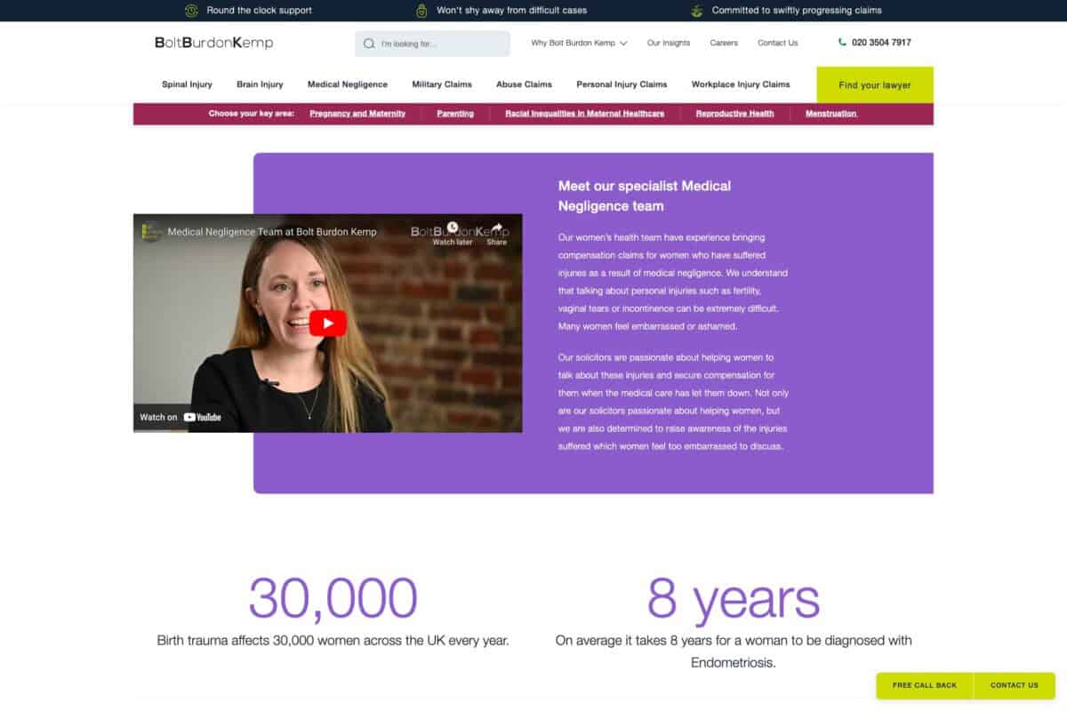 Bolt burdon Kemp WordPress site showing Women's Health Hub