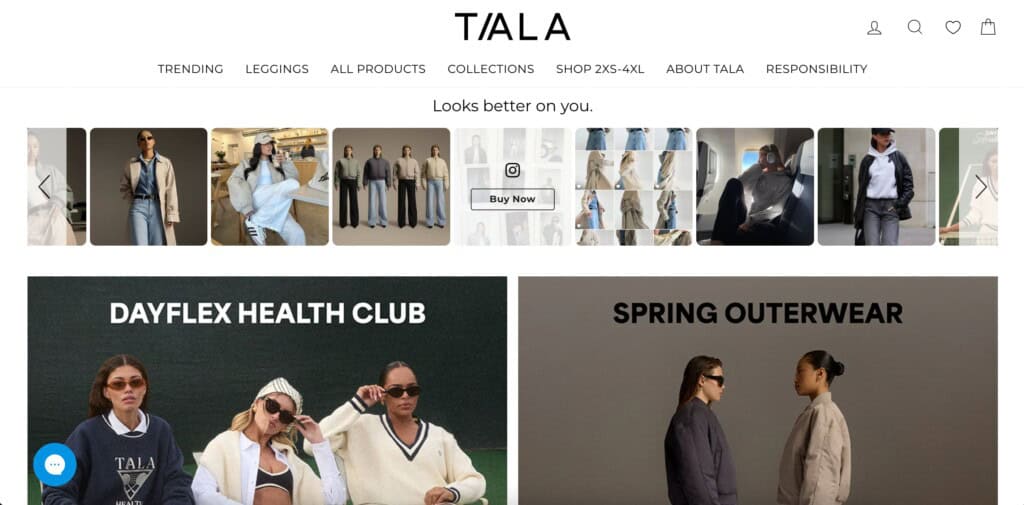 Screenshot of the Tala Shopify site showing homepage