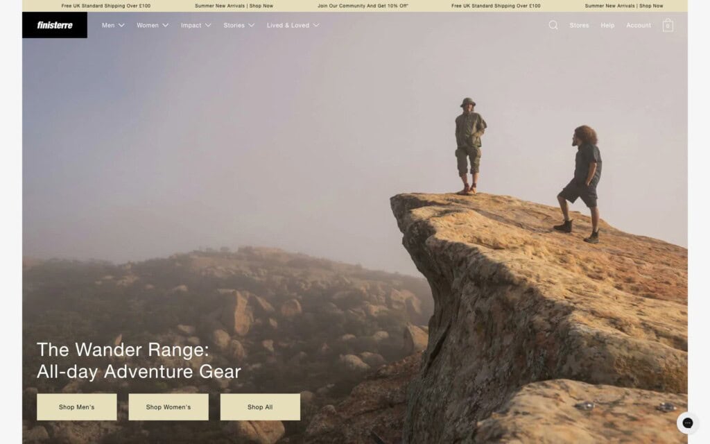 Screenshot of the Finisterre Shopify site showing the homepage