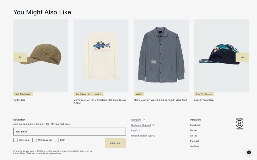 Screenshot of the Finisterre Shopify site showing product recommendations