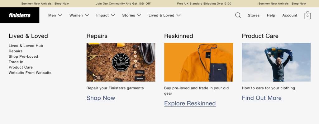 Screenshot of the Finisterre Shopify site showing circular economy and sustainability