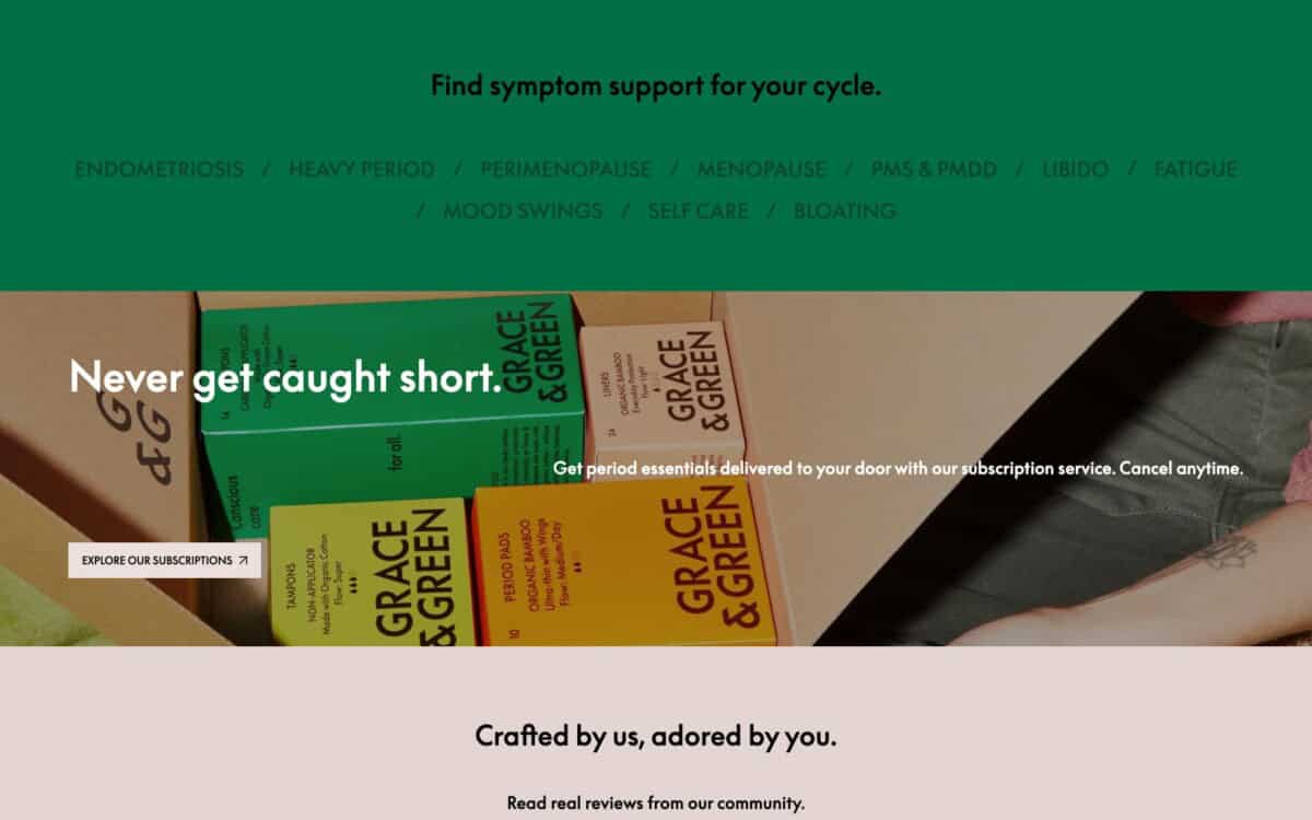 Screenshot of the Grace and Green Shopify site showing personalisation