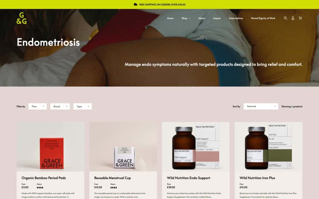 Screenshot of the Grace and Green Shopify site showing product category