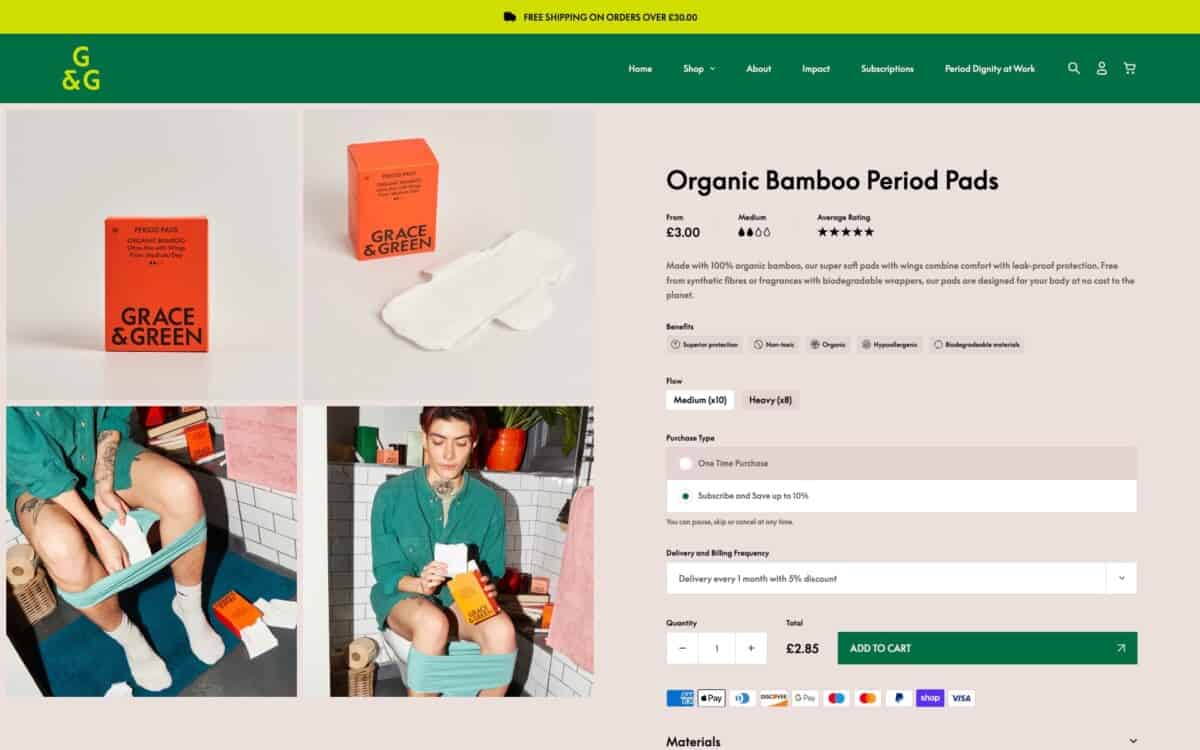 Screenshot of the Grace and Green Shopify site showing product and subscription options