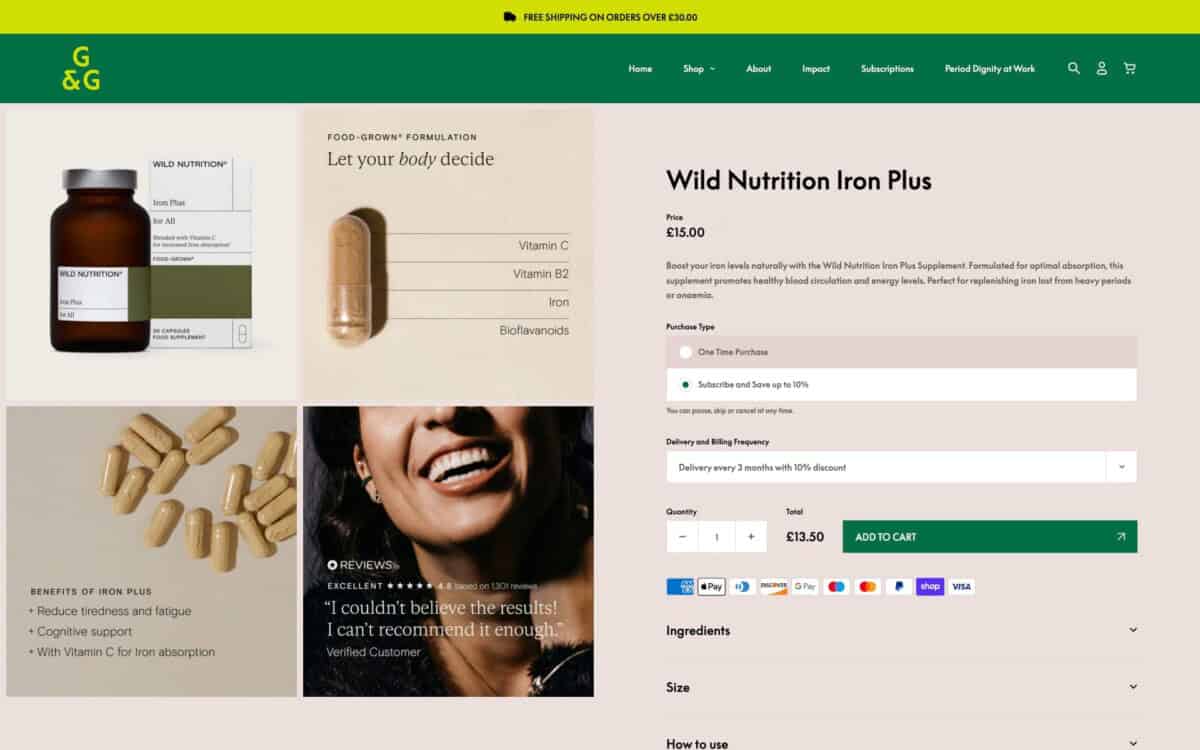 Screenshot of the Grace and Green Shopify site showing product and subscription options