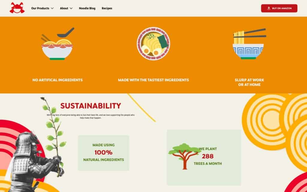 Screenshot of the Kabuto Noodles homepage showing sustainability commitment